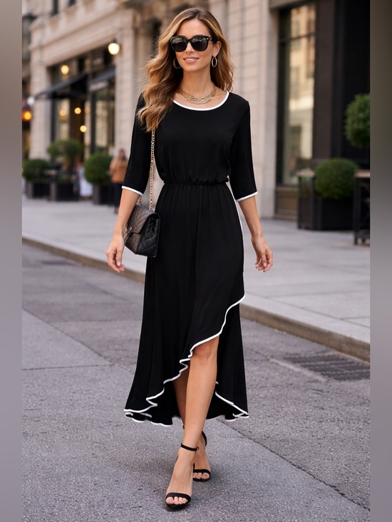 Spense Dresses & Skirts - SPENSE Women's Black with White Piping Trim 3/4 Sleeve Asymmetrical Dress L